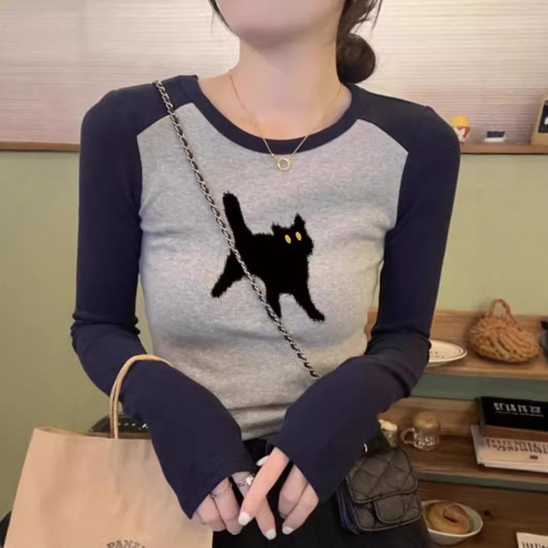 American style raglan contrast color long sleeve T-shirt early autumn new inside and outside wear hot girl top slim high elastic thread base