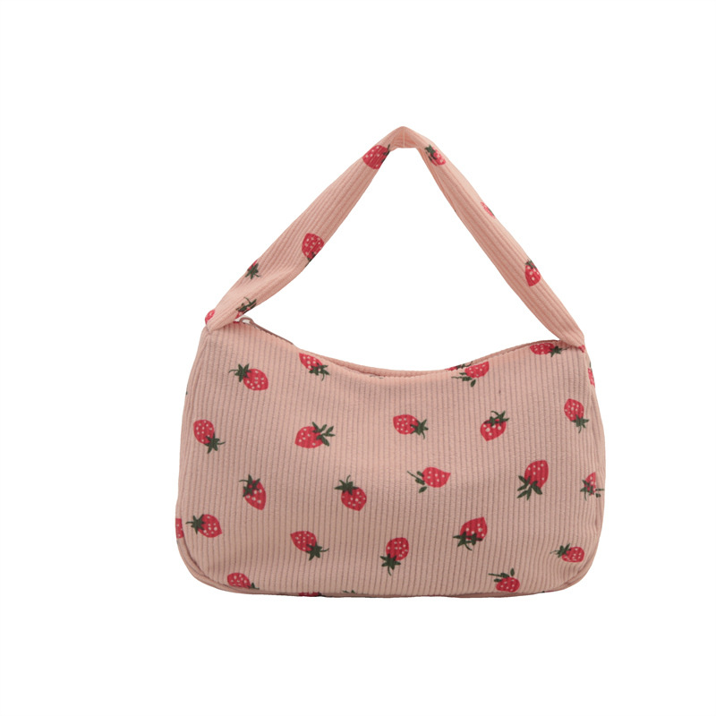 Moda coreana versátil impresión de tela de cordillera de fresa bolsas debajo del brazo 2024 verano nuevo pequeño bolso de viaje fresco