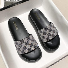 水鑽網紅拖鞋女夏外穿增高一字型高跟厚底沙灘涼拖時尚大碼41一43