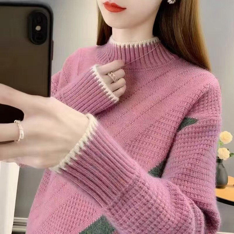 2025 Spring and Autumn Half-Turtleneck Sweater for Women, Loose Pullover, Outerwear, Long Sleeve Base Layer, Irregular Design 2025 Spring and Autumn Half-Turtleneck Sweater for Women, Loose Pullover, Outerwear, Long Sleeve Base Layer, Irregular Design