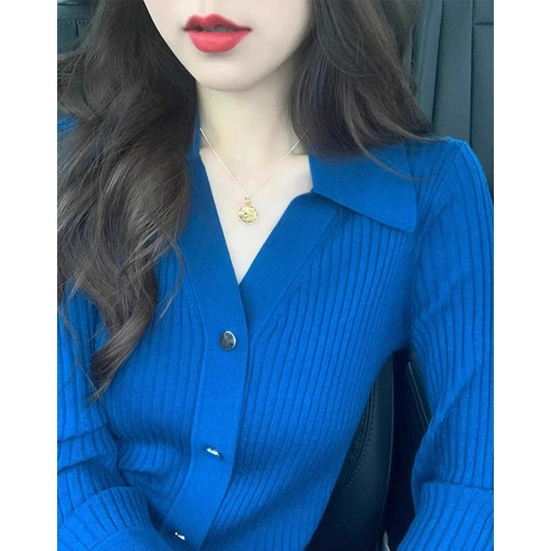 2023 blue top unique chic bottoming shirt inner sweater Spring and Autumn long sleeve V-neck knitted cardigan for women