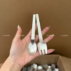 米诺家韩系ins锤纹304不锈钢甜品勺金色水果叉子锤印咖啡勺雪糕勺
