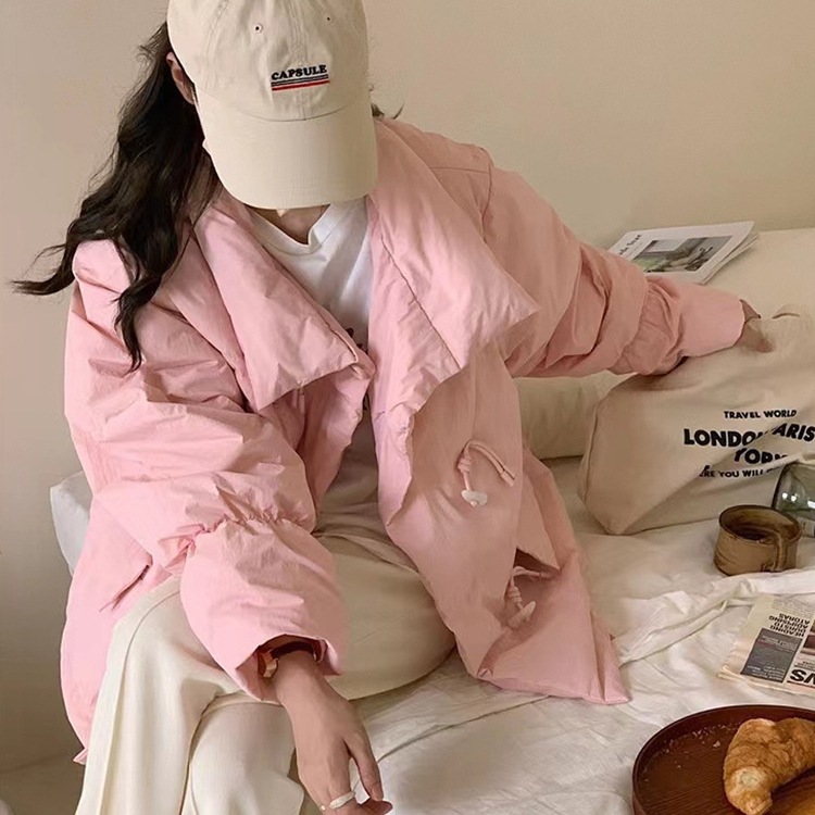 韩系羽绒服女短款年新款韩版宽松牛角扣加厚棉衣面包服外套潮白色