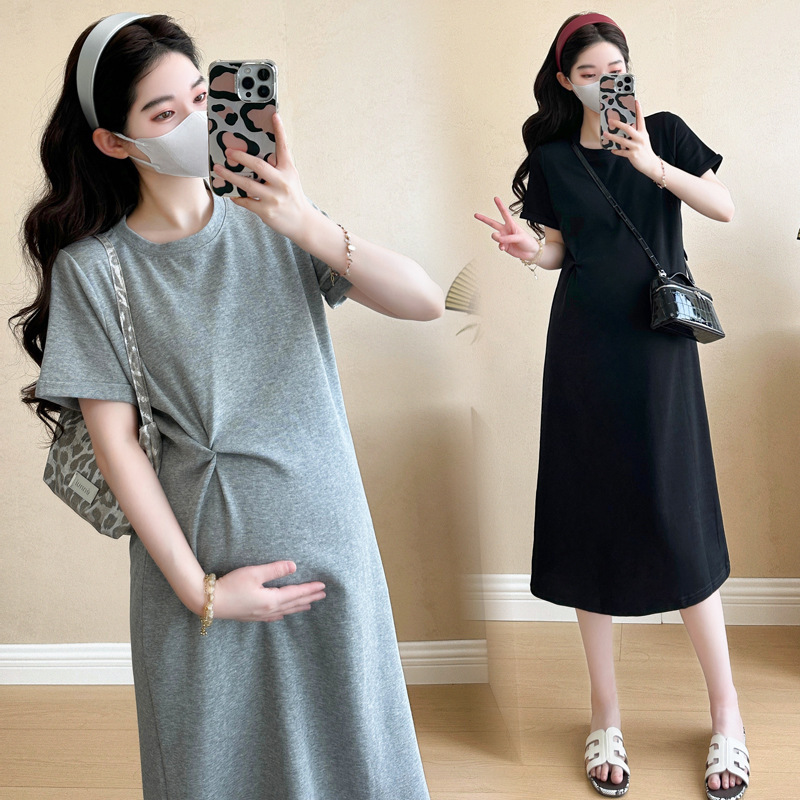 2026 Summer Maternity Wear Simple Classic Round Neck Slim Fit Knotted Short Sleeve Knitted Dress Plus Size