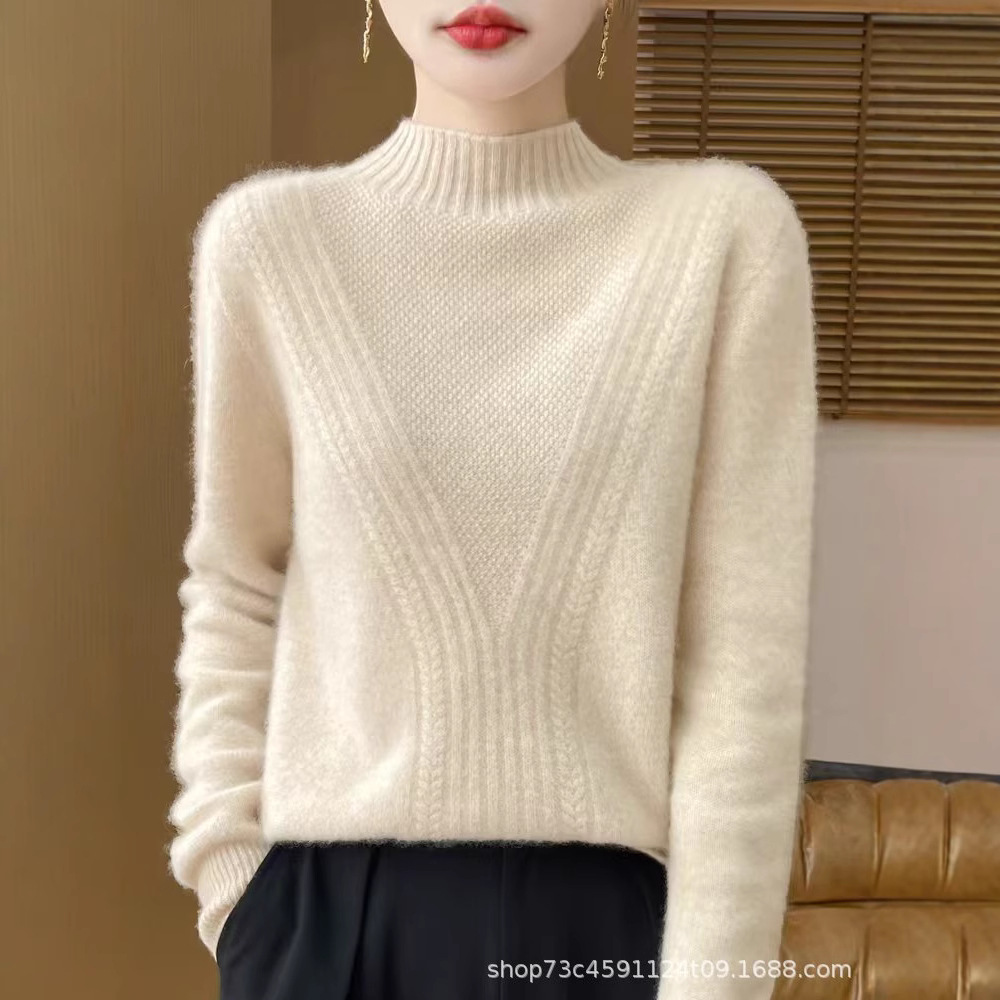 가을과 겨울 2024 새로운 순수 울 7 핀 두껍게 첫 번째 라인 기성복 세미 하이 크루 넥 스웨터 긴소매 여성용 스웨터