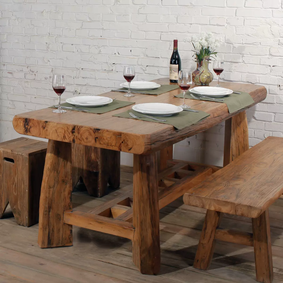 老榆木餐桌古榆情怀原木多人家具多功能长方形茶水桌饭桌