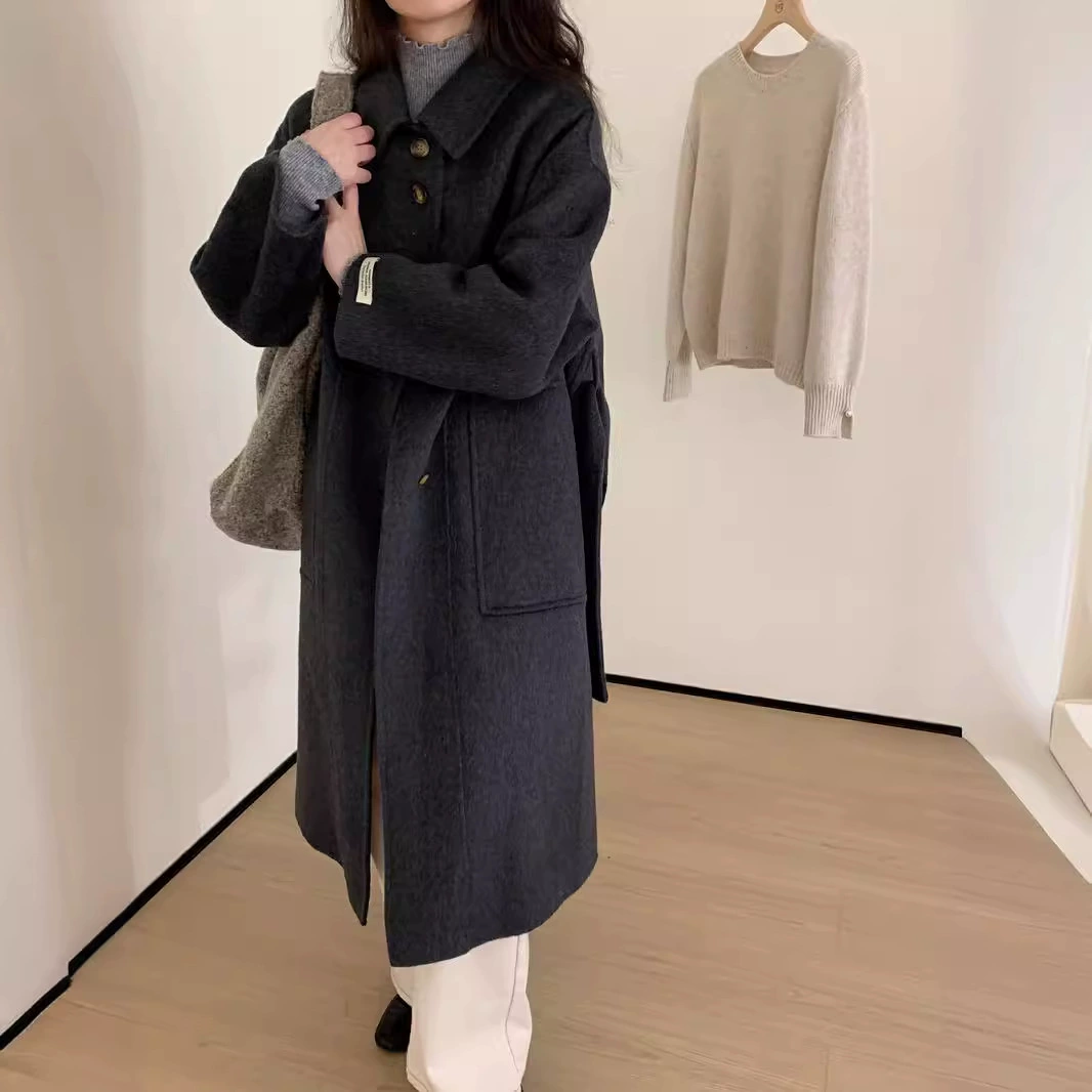 Двусторонняя шерстяная верхняя одежда, длинная, новинка осени-зимы 2025 года, корейский стиль, свободного кроя, изысканная, элегантная женская шерстяная куртка.