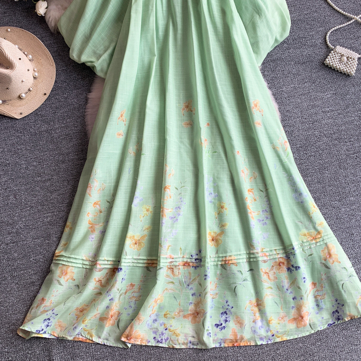 Women's French Romantic Style Dress Lantern Sleeve Printed Summer Pleated Hollow Round Neck Loose Long_ecoleips.com