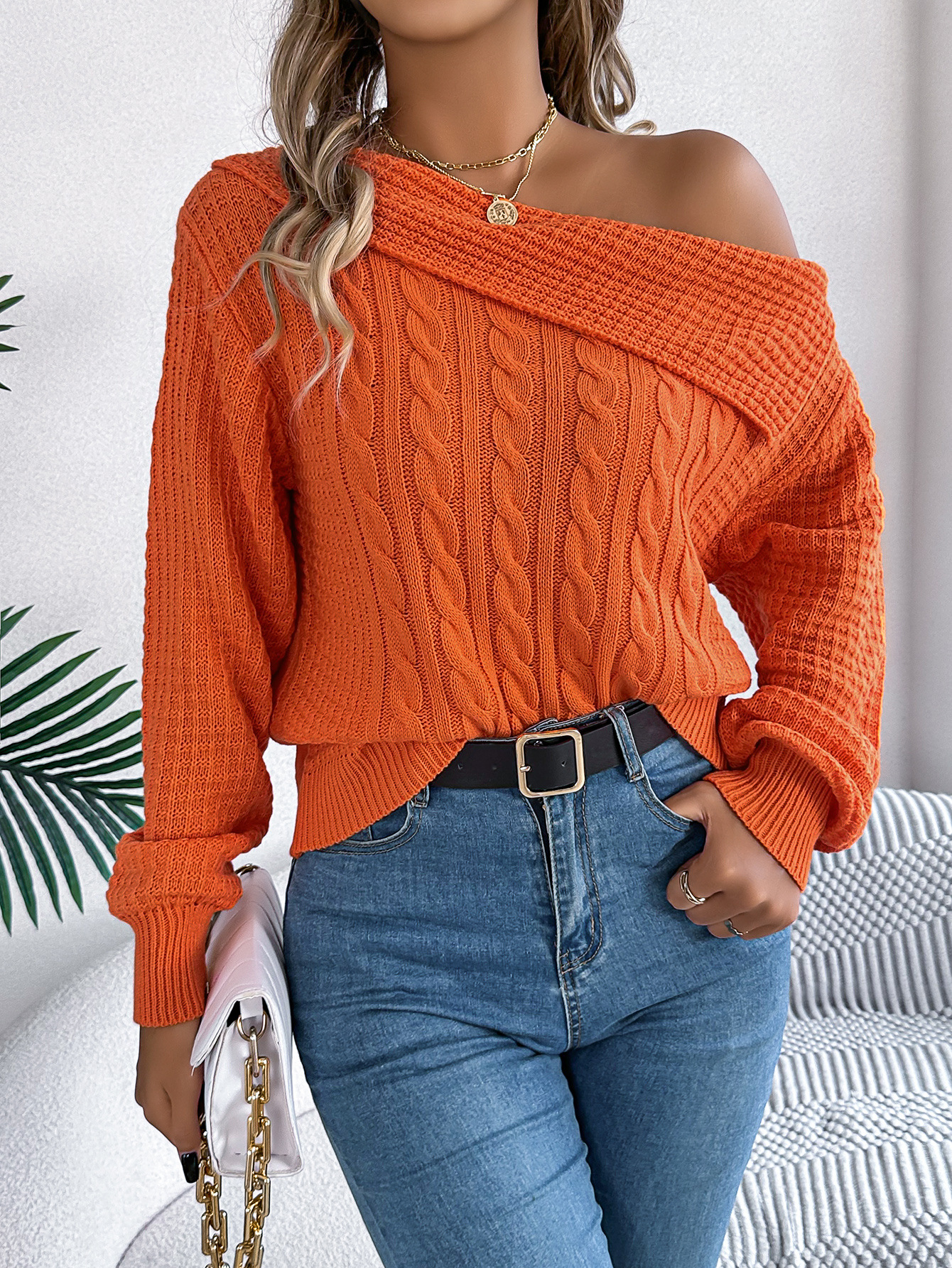 Women's Sweater Off Shoulder Lapel Twist Long Sleeve Pullover_voghion.com