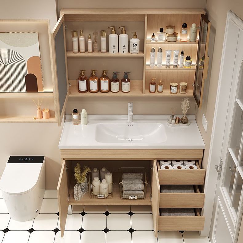 Ceramic Integrated Bathroom Solid Wood Color Bathroom Cabinet Wash Basin Wash Basin Solid Wood Smart Floor-Standing