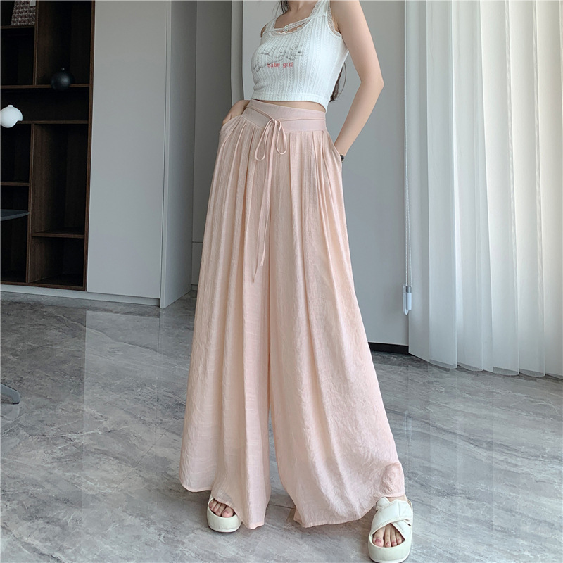 Hong Kong Style Draped Loose Wide-leg Pants Casual Pants for Women Summer 2024 New Long Elastic Waist High-waisted Culottes