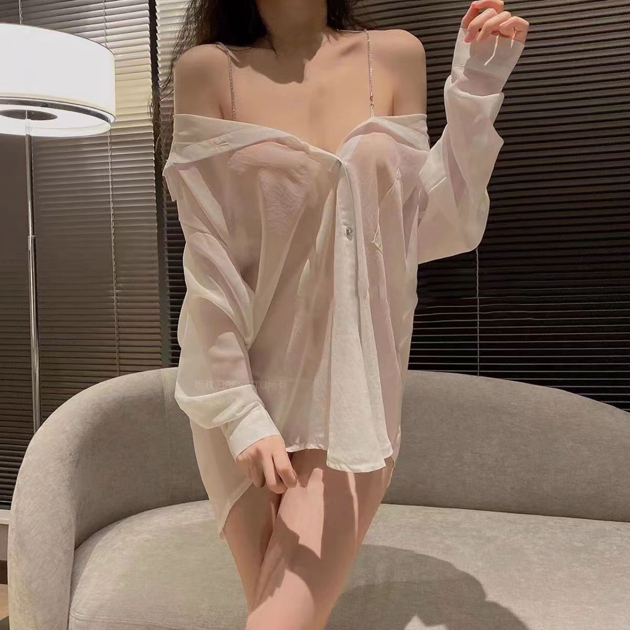 Chiffon V-Neck Off-Shoulder Chain Strap Babydoll Nightdress in White One Size — detail image 2