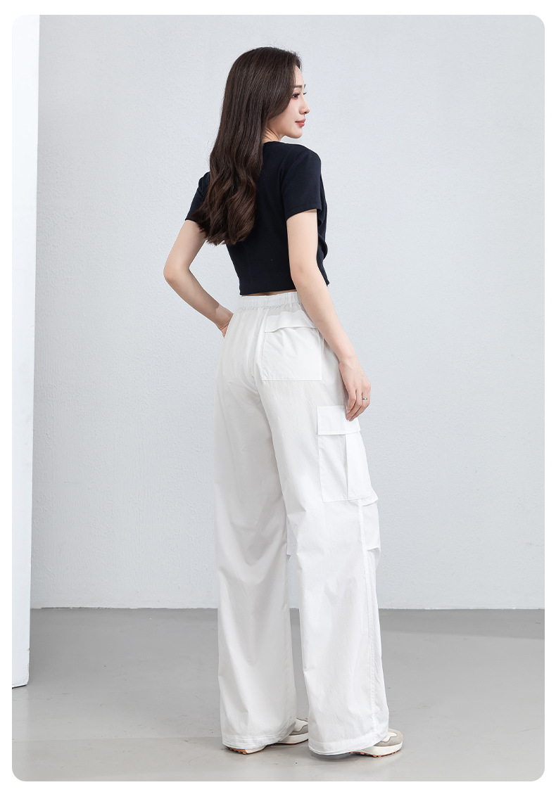 Quần ống rộng nữ cạp cao dây rút chất liệu nhẹ thoáng khí chống nắng — màu trắng chi tiết 30