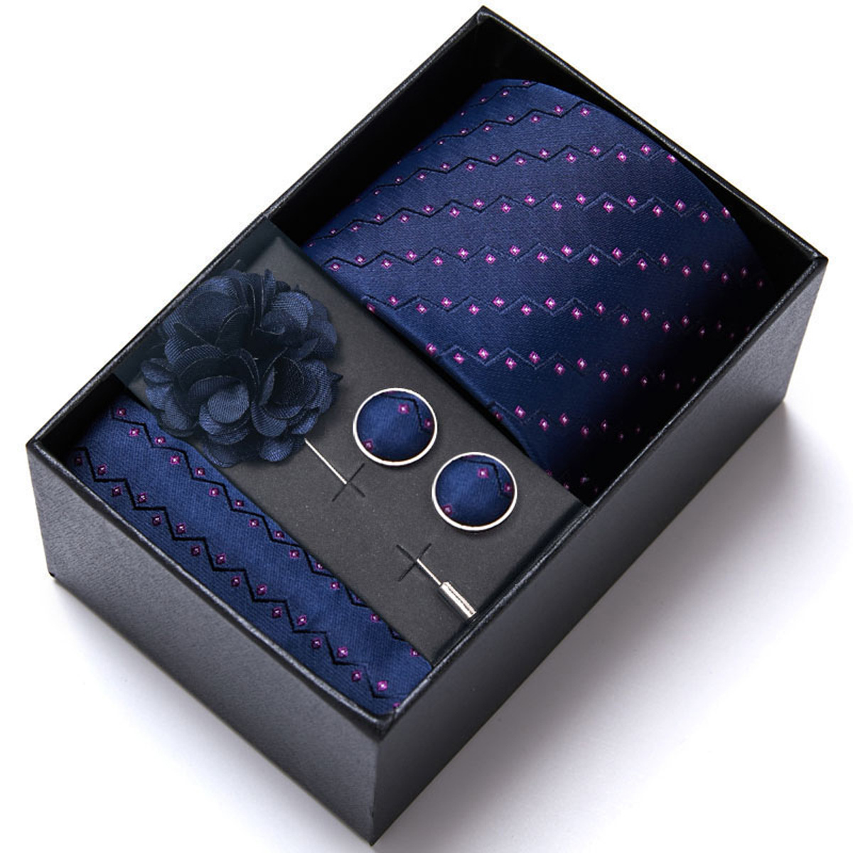 男性の新しい青いストライプのプリントネクタイのスカーフのカフスの胸の花のギフトボックスの包装の贈り物の佳品は祝日に適します。