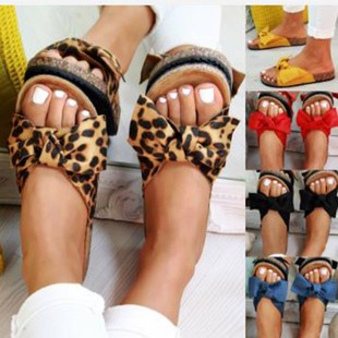 Foreign Trade Large Size Spring and Summer Daily Flat Heel Sweet European Woman Leopard Print Butterfly Sexy Leopard Slippers
