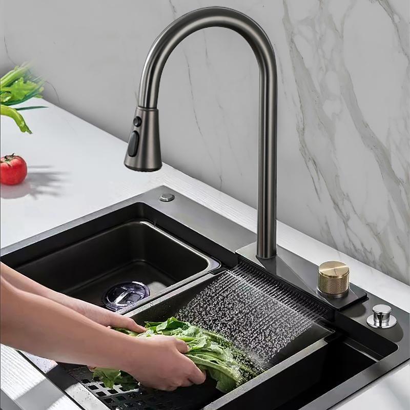 Kitchen Sink Flying Rain Waterfall Integrated Stainless Steel Pull-out Faucet Sink Set Under-counter Vegetable Basin Large Single Sink