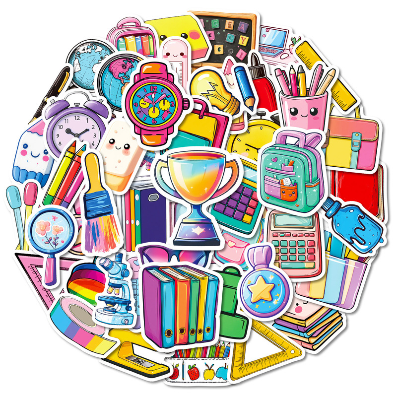 50 Pieces of Creative Hand-Painted Various Stationery Graffiti Stickers, Books, Pencils, Alarm Clocks, Non-Repeating Decorative Stickers, Cross-Border 50 Pieces of Creative Hand-Painted Various Stationery Graffiti Stickers, Books, Pencils, Alarm Clocks, Non-Repeating Decorative Stickers, Cross-Border