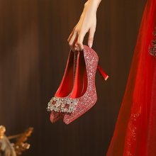 805-21跨境新款尖头细跟高跟单鞋女红色性感亮片不累脚方扣女鞋