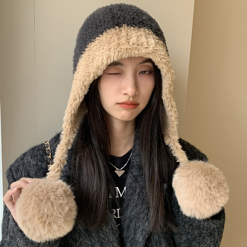 冬季针织帽毛绒防寒帽大头围毛绒挂球可爱护耳帽子女遮耳加绒拼色|undefined