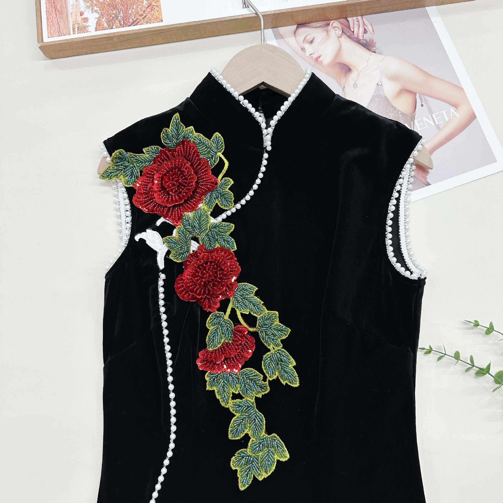 Nuevo bordado de peonía larga vestido de boda de mujer cheongsam decoración de collar parche de flores cuentas tridimensionales image 3