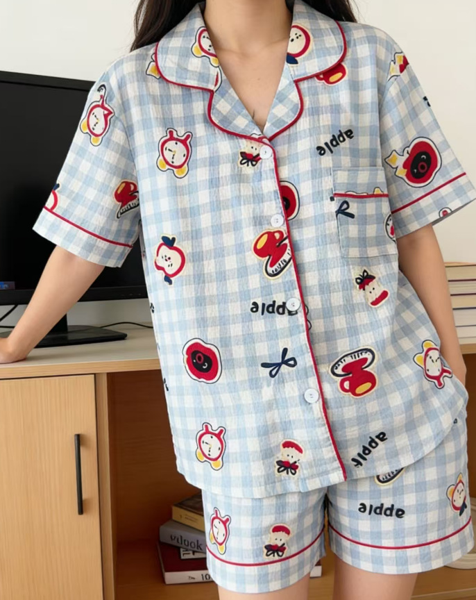 Al por mayor transfronterizo pantalones cortos de manga corta nubes pijamas de algodón de dibujos animados lindos cardigan con solapa primavera y otoño set de ropa para el hogar