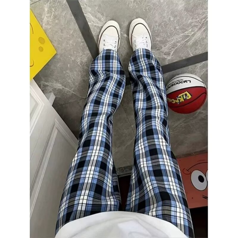 Blue-Green Brushed Plaid Flared Pants for Men, American Retro Lazy Style, Floor-Length Pants with Drape Effect, Slimming Straight-Leg Casual Pants