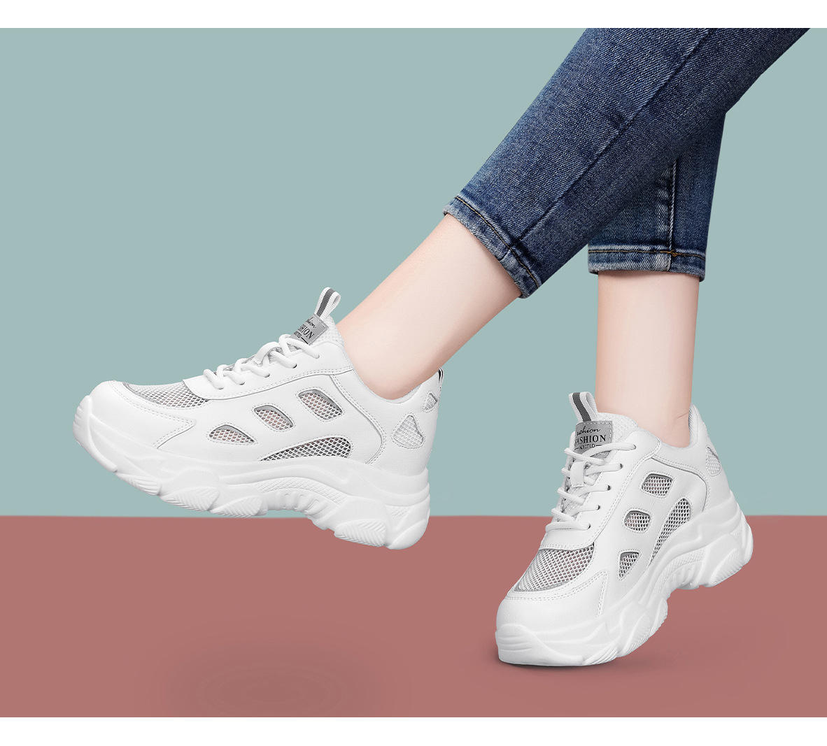 Giày sneaker nữ đế dày phối quần ống rộng, giày thể thao lưới thoáng khí mùa hè — DH 58623 Trắng, DH 58623m màu xám chi tiết 13