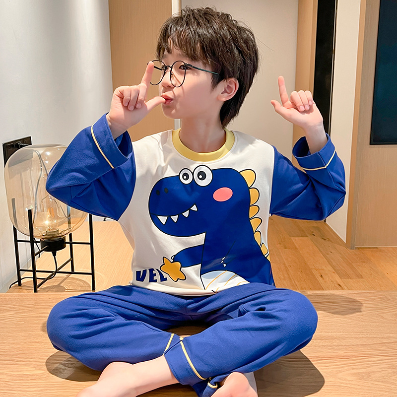 Q cotton long set 8808 blue dinosaur