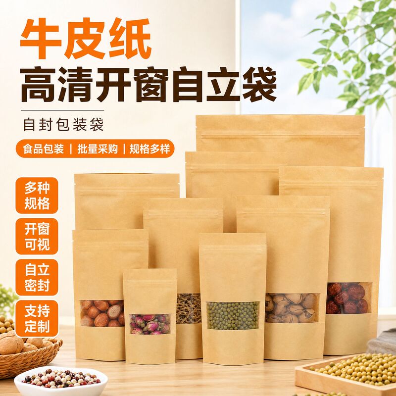 Source Factory Multi-Specification Storage Bags, Candied Fruit Sample Packs, Kraft Paper Windowed Self-Standing Self-Sealing Food Packaging Bags Source Factory Multi-Specification Storage Bags, Candied Fruit Sample Packs, Kraft Paper Windowed Self-Standing Self-Sealing Food Packaging Bags