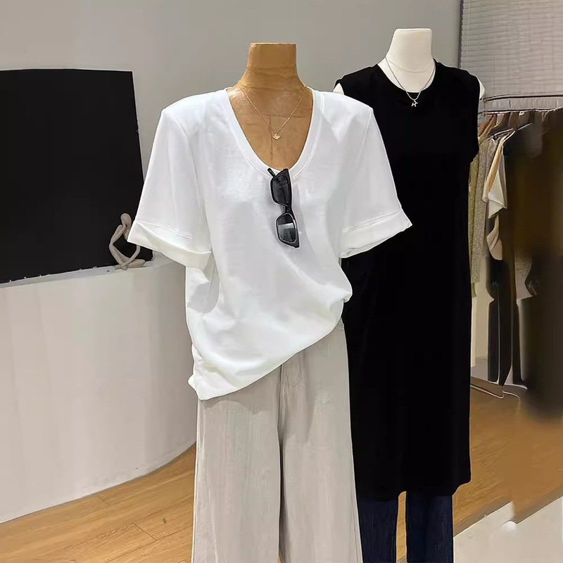 100% Cotton White u-neck T-shirt Women's Short-sleeved Shoulder Pad Curling Loose All-match