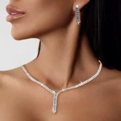跨境饰品项链耳环二件首饰套装女时尚满钻简约百搭流苏耳钉锁骨链