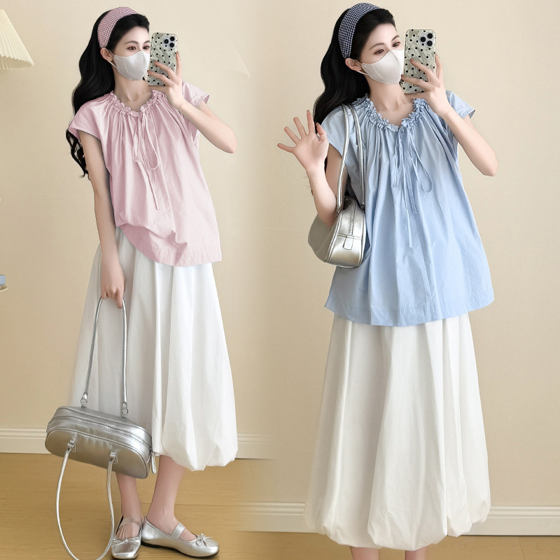 Maternity summer new style elegant neckline pleated top with drawstring skirt suit