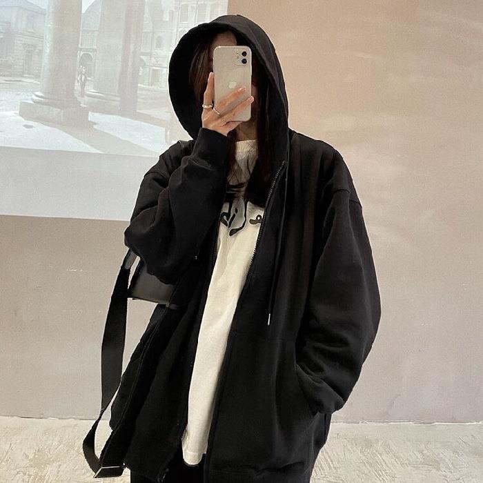 Pesado Corea del Sur Dongdaemun suéter a principios de otoño cremallera suelta más el tamaño las mujeres con capucha cardigan estudiante Top moda