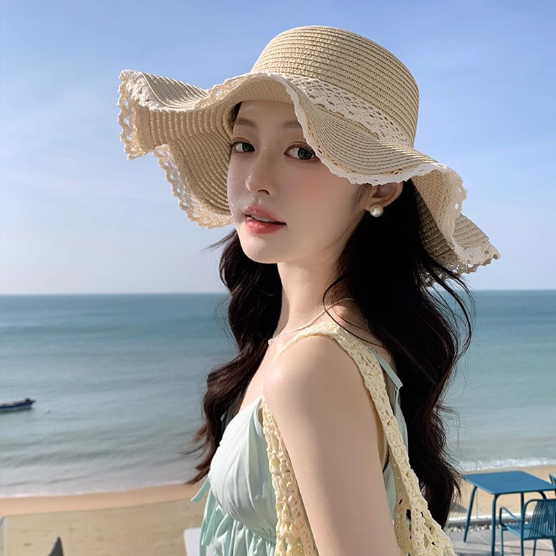 2025新款女夏季海邊大帽檐防曬帽沙灘花邊遮臉草帽遮陽太陽帽子潮