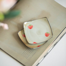 景德镇陶瓷复古手绘草莓方形翘边杯垫 桌面防烫隔热装饰礼品瓷器