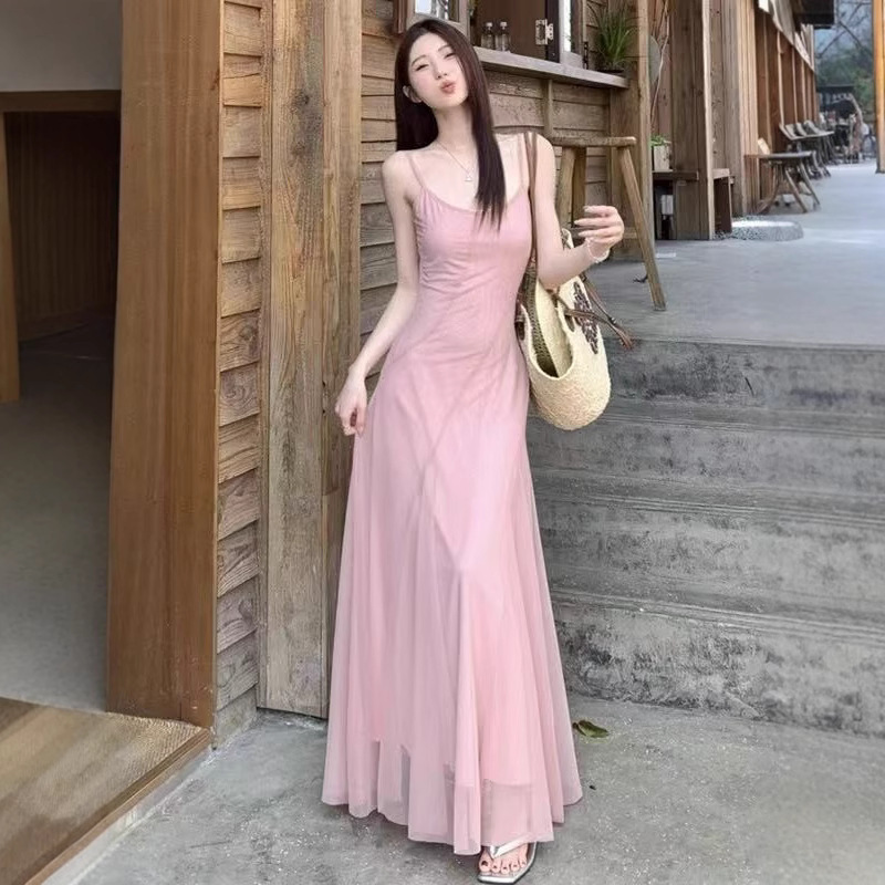 French Style Pink Slip Skirt Sleeveless dress Women's Summer Small Women's Gauze Waisted Elegant Seaside Holiday Long Skirt
