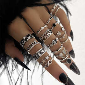 欧美跨境复古做旧戒指套装 朋克爱心8字星星时尚玫瑰花戒指19件套