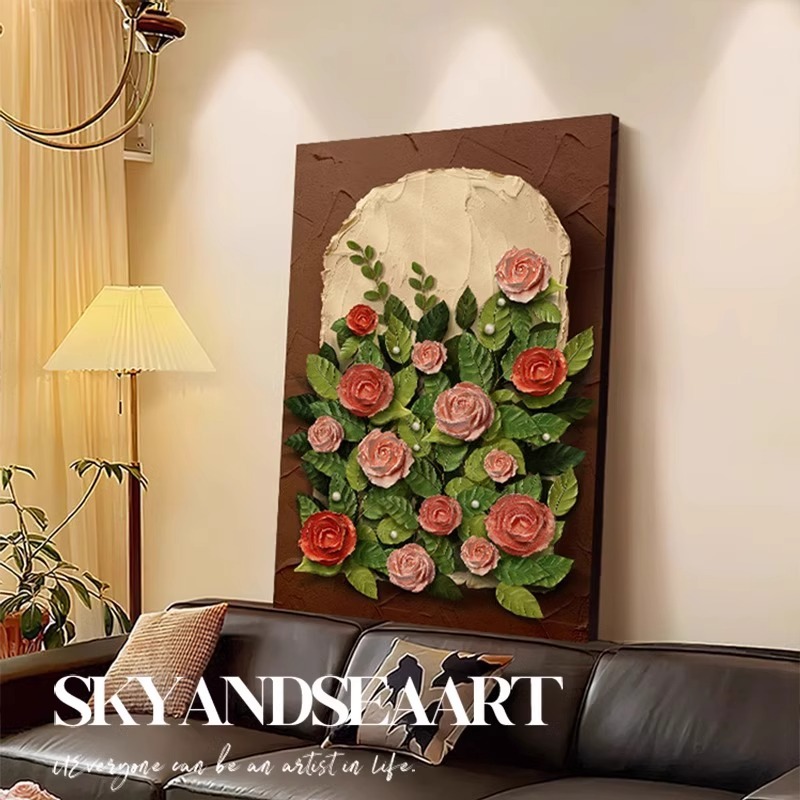Medieval Style Rose Living Room Decoration Painting Retro High-End Sofa Background Wall Hanging Painting Restaurant Texture Mural