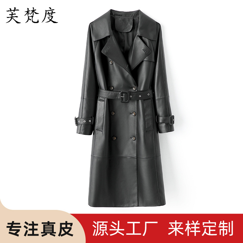 2025 New Autumn and Winter Long Style Goatskin Leather Jacket for Women, Slim and Fashionable Double-Breasted Women's Genuine Leather Windbreaker