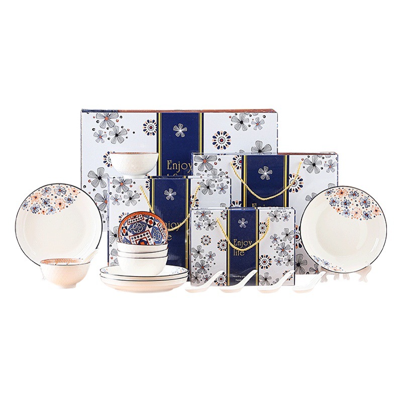 Japanese-style printed ceramic tableware gift box bowl and chopsticks plate suit household Rice Bowl gift box company activity printable LOGO