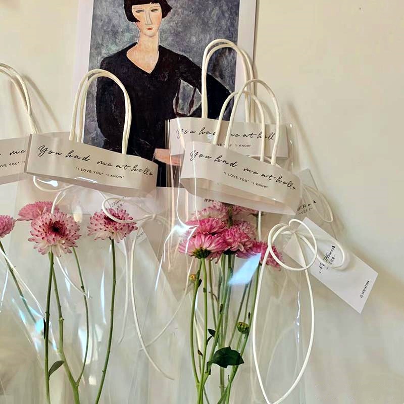 ins透明花束手提袋鲜花包装袋单支多支玫瑰情人节材料花艺礼品袋