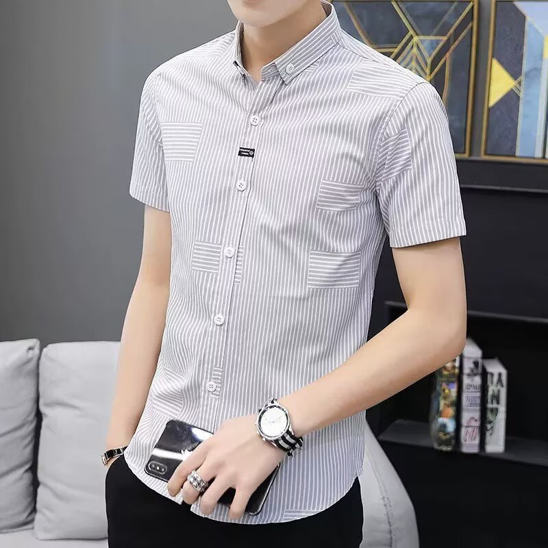2026 Men's Vertical Striped Short-Sleeve Shirt, Irregular Stripes, Slim Fit, Turn-Down Collar, Summer Thin Style