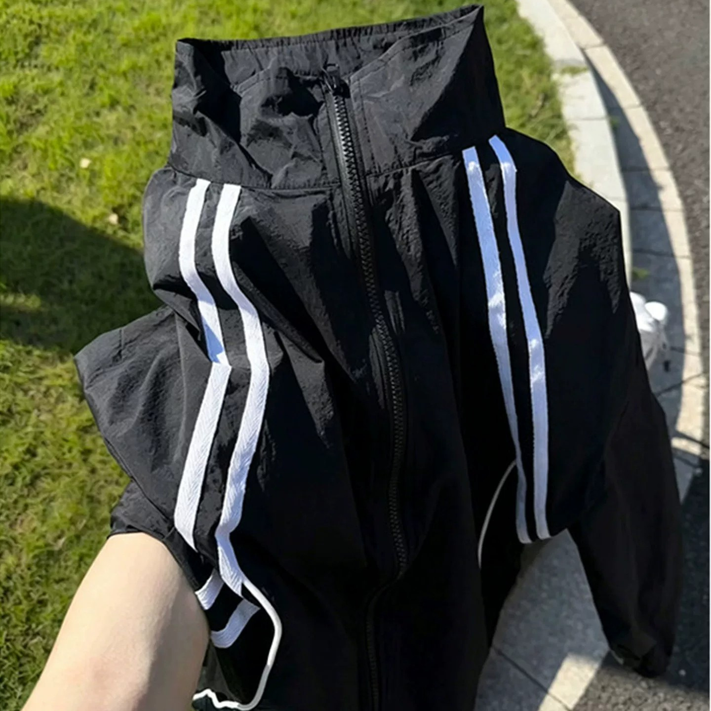 黑色美式冰丝条纹立领防晒衣男女夏季轻薄速干运动夹克户外骑行服