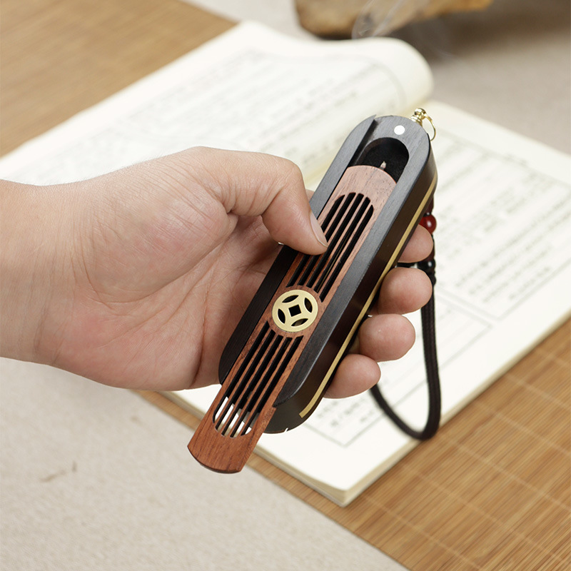 黑檀木香盒随身携带线香炉便捷双层线香盒家用室内香薰炉黄铜装饰