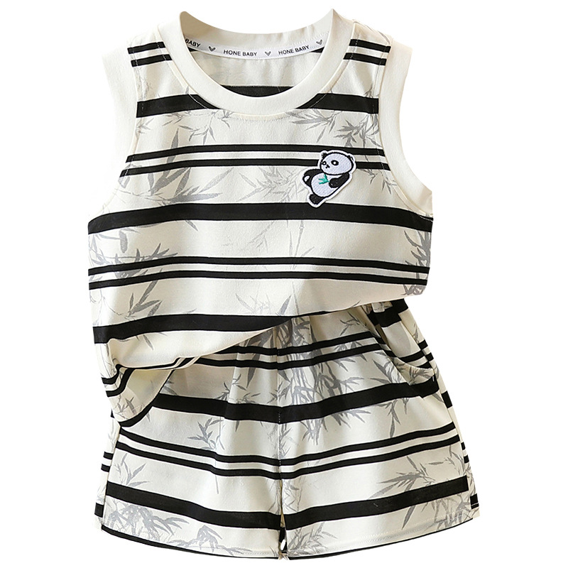 7373 Traje a rayas para niños 2025 Nuevo chaleco de panda sin mangas para niños Baby Summer Red de dos piezas Trendy