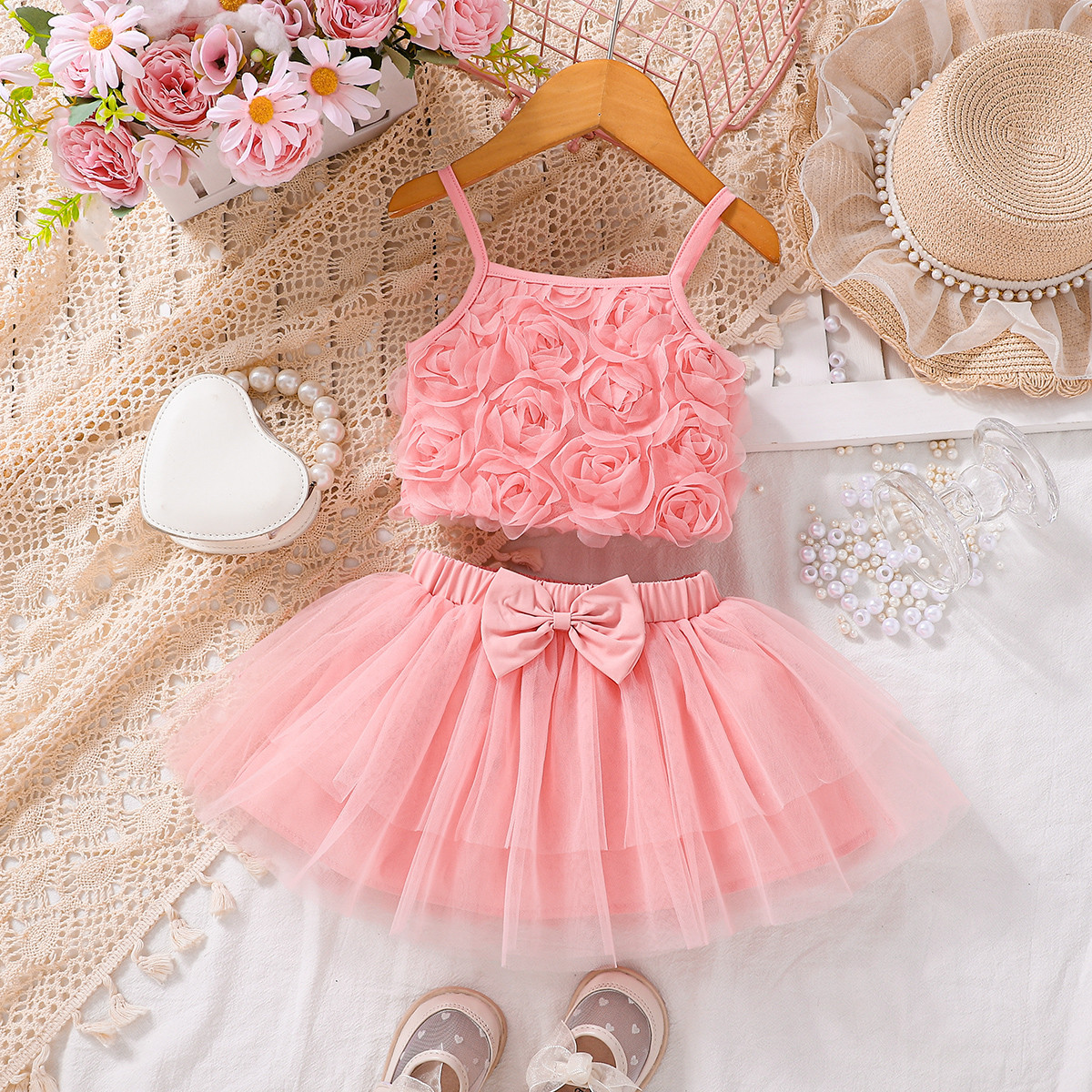 Foreign Trade Cross-border Europe and the United States Summer New Girls suit Baby Children Flower Sling Bow Mesh Skirt Two-piece Set