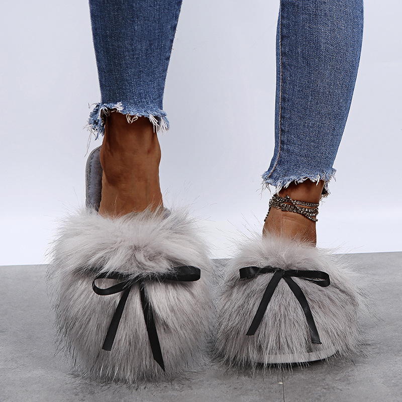 bow imitation fox fur fairy cotton slippers nihaostyles clothing wholesale NSKJX84406