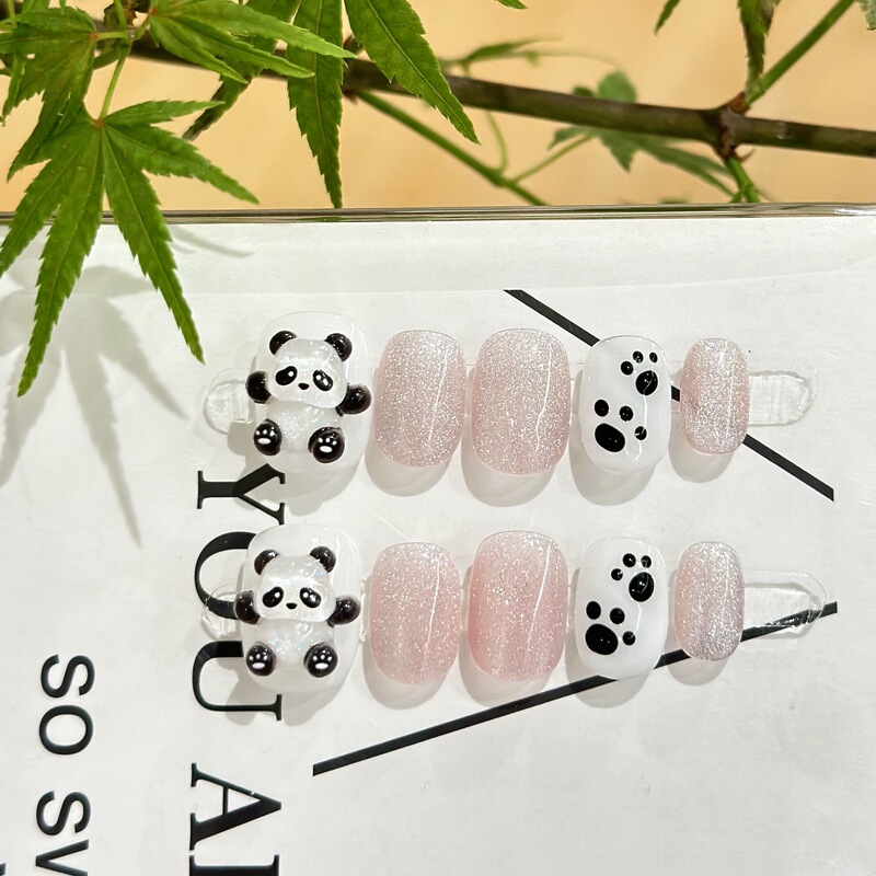 Handmade Wearable Nail Tips Summer Short Cat Eye 3D Panda Nail Stickers Cute Removable Fake Nails Breathable Nails