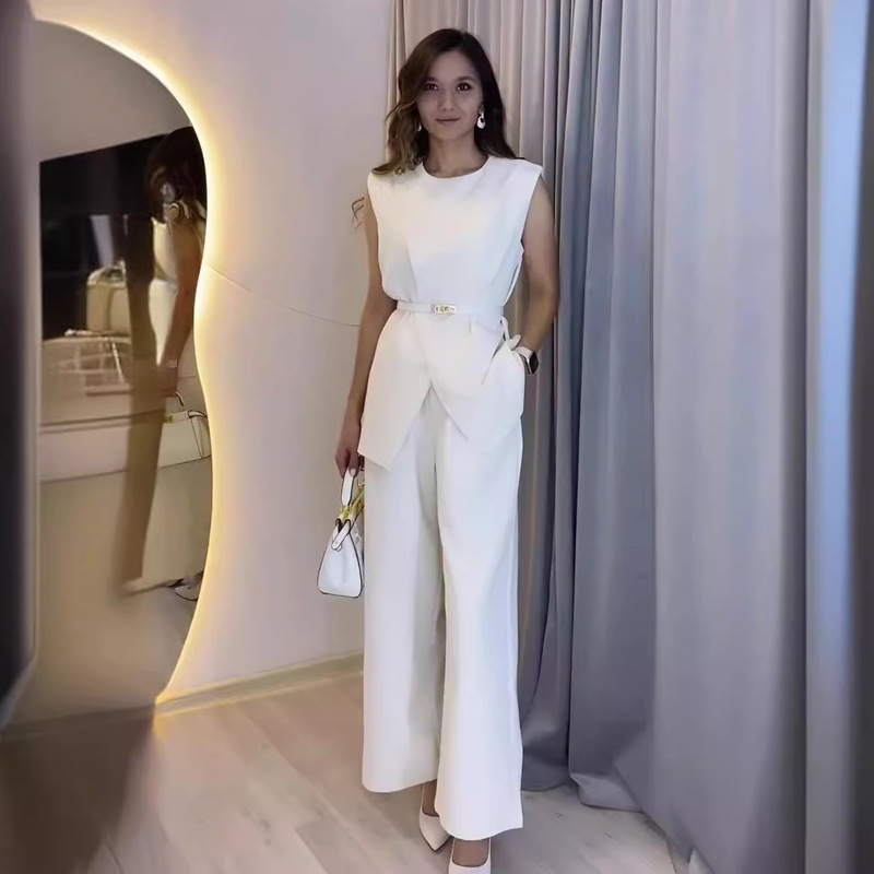 2024 Summer New European and American Amazon Cross-border Solid Color Round Neck Sleeveless Top High Waist Wide Leg Pants Two-piece Set for Women 2024 Summer New European and American Amazon Cross-border Solid Color Round Neck Sleeveless Top High Waist Wide Leg Pants Two-piece Set for Women
