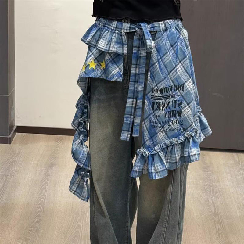 韓国の甘辛スタイルのプリントスターレイヤードよだれかけレーススカート女性の春夏デザインスカート|undefined